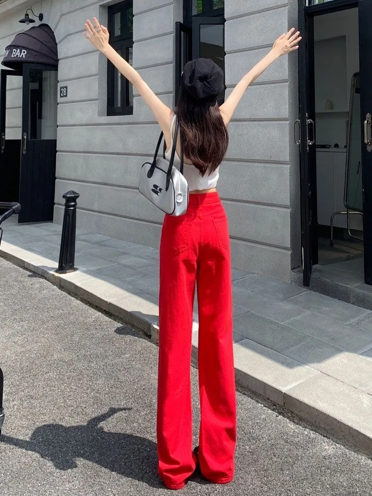 Imagem -04 - Jeans Vermelho de Natal para Mulheres Calças Largas de Cintura Alta Soltas de Perna Reta Ano Novo