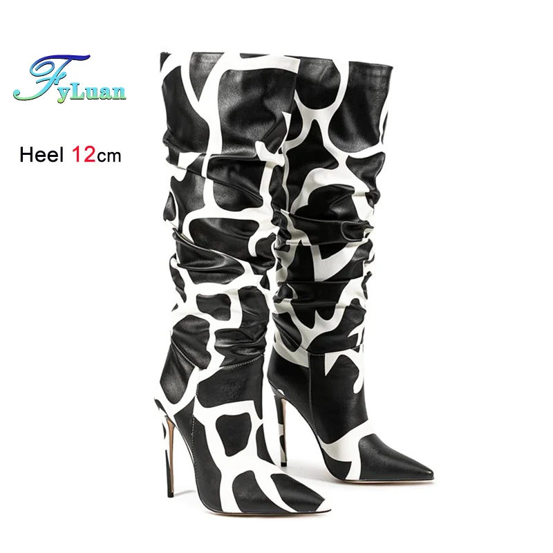 

12CM Thin Heel Women Pointed Sexy High Boots Versatile zebra stripe Woman Long Shoes Spring Stiletto Fashion Pleated Boots CD