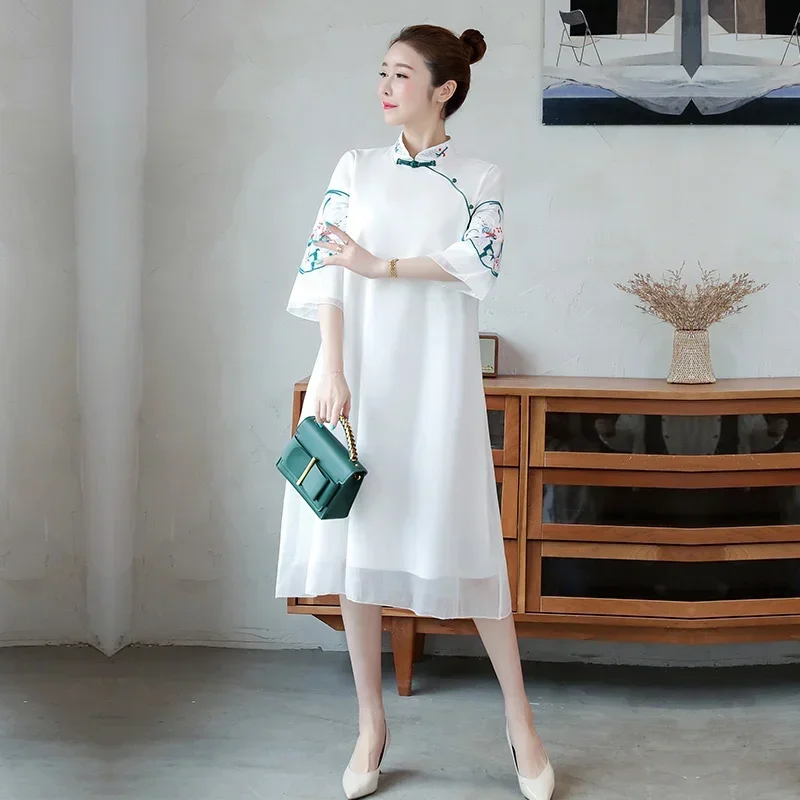 Chinese Style Dresses Summer 2024 Robe Vintage Femme Vesidos Elegant Womens Clothing Embroidery Plus Size Cheongsam Qipa CMM221