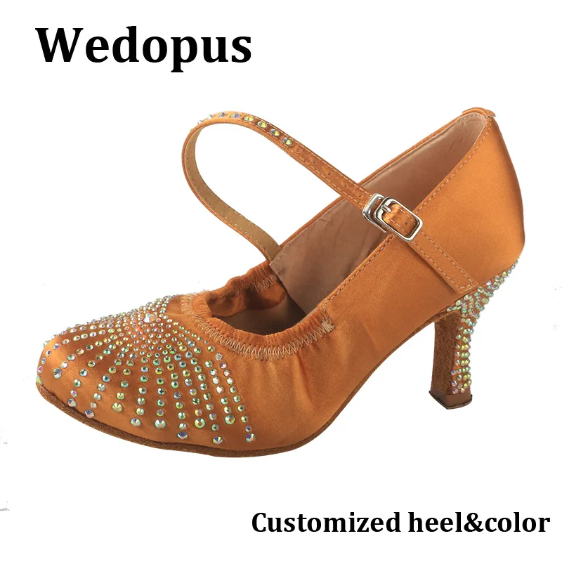 Wedopus High Heel Latin Dance Shoes Woman Soft Sole Black Women Dance Heels with Crystals 8.5CM