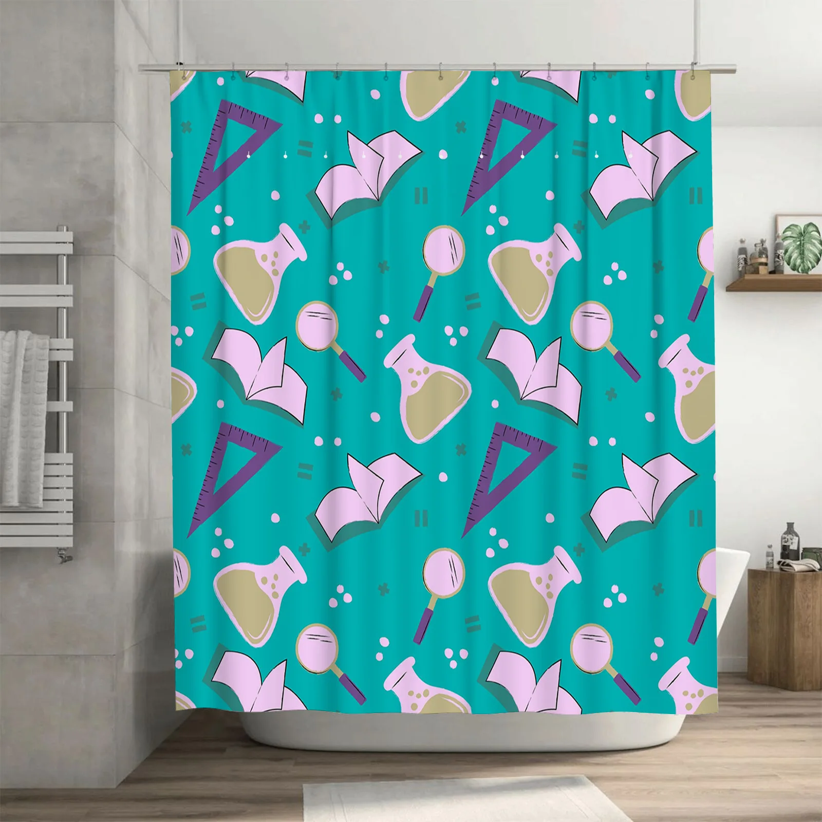 Charmful Science Classroom Decor Shower Curtain SetModern Design with Laboratory Flasks and Test Tubes Pattern Perfect for Kids