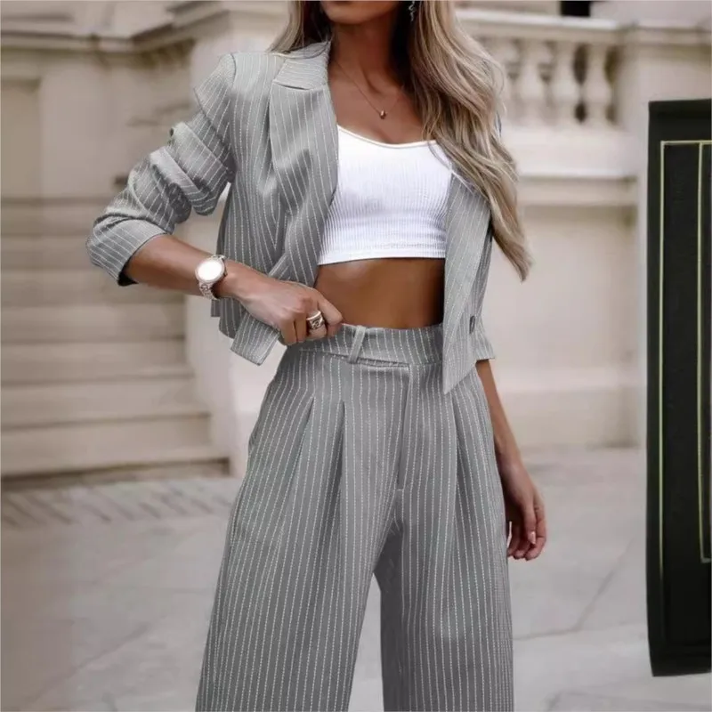 2 Piece Set Women Outfit Winter Fall Fashion Striped Notched Collar Long Sleeve Blazer Coat Elegant Straight Leg Pant Set Women