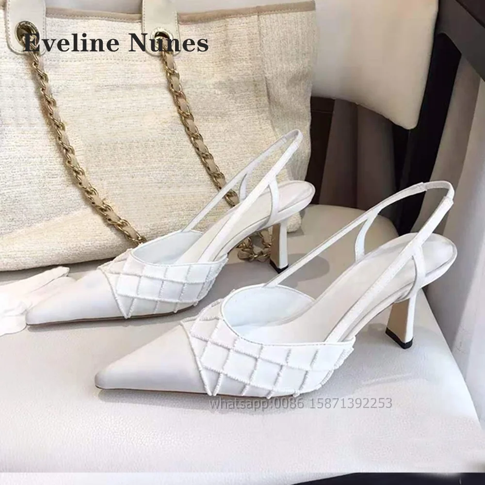 String Bead Mesh Satin Sandals Pointed Toe Stiletto Back Strap Shallow White Women Pumps Slingback Solid Elegant Shoes Summer