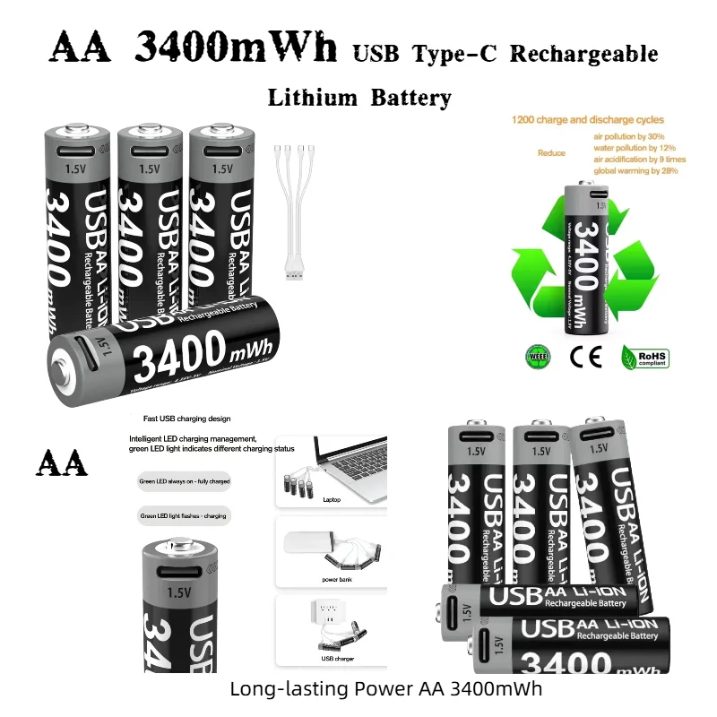 

1.5V AA 3400mWh USB Type-C Rechargeable AA Lithium Battery for Cameras Remote Controls Mouse Toys Li-ion Batteries with Charger