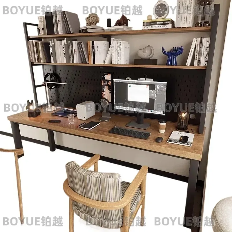 Medieval Solid Wood Desk with Bookshelf and Pegboard Wall Mounted Computer Table for Bedroom Study Long Workbench Home Office