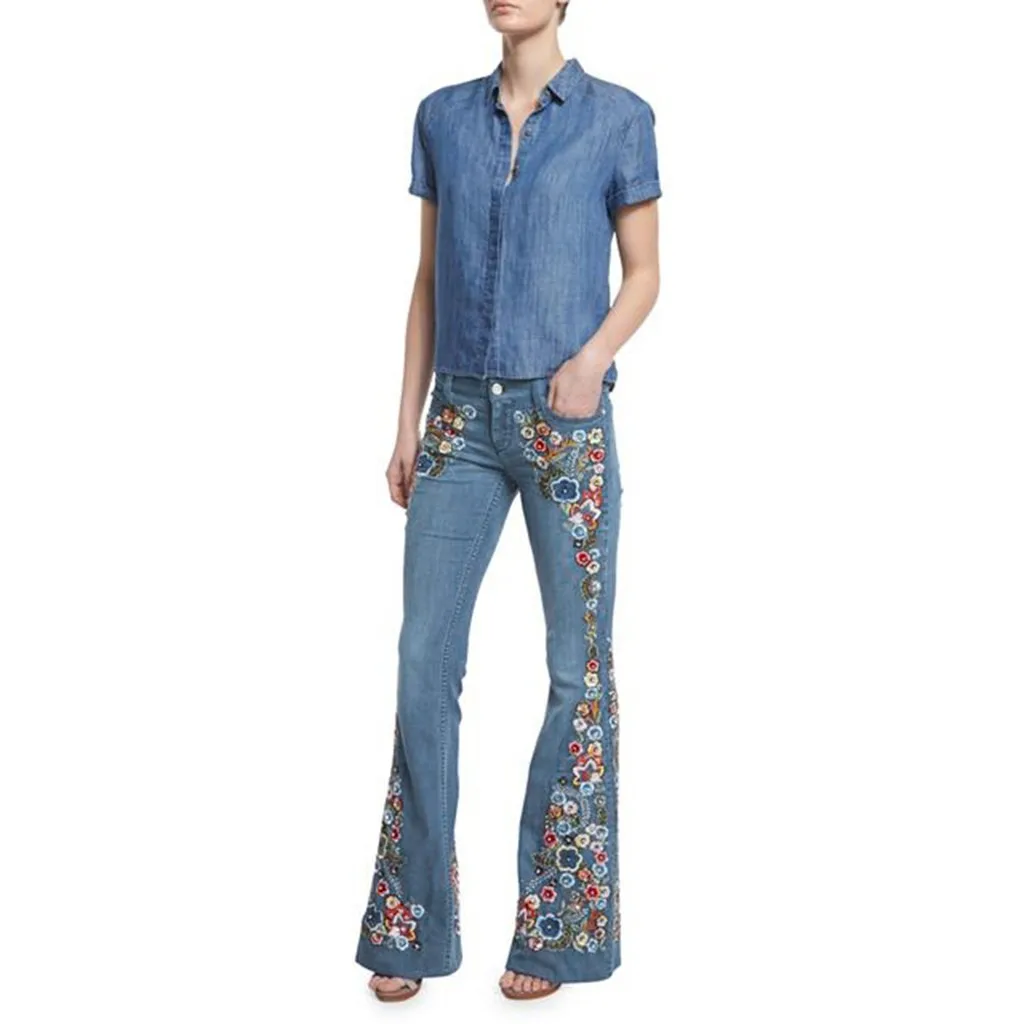 

Boho Vintage Embroidery Jeans Women Ladies Trendy Flower Bell Bottoms Joggers Double Pocket Stretchy Denim Trousers Leisure Wear