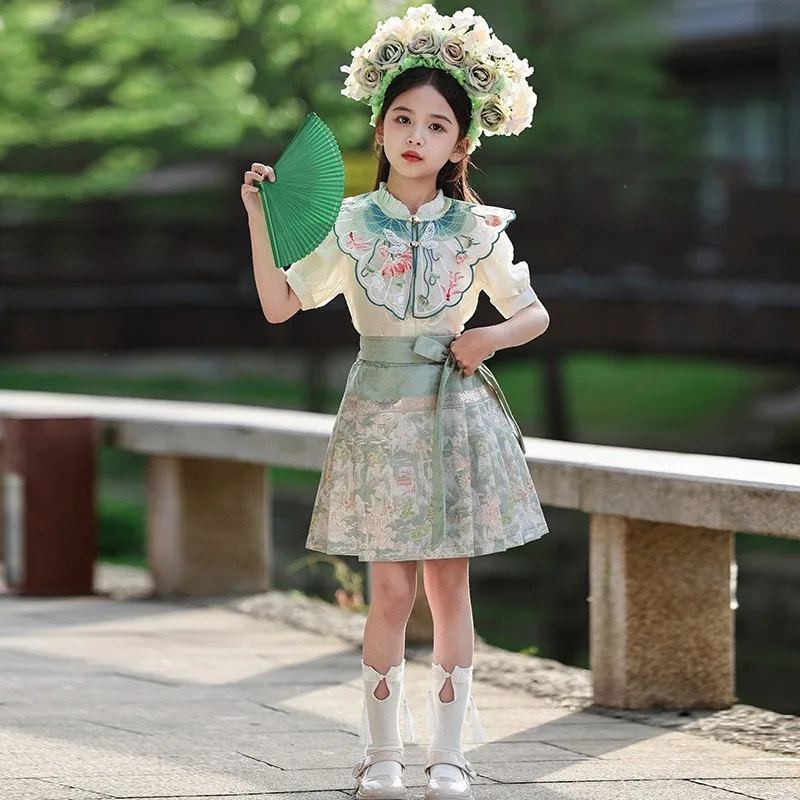 

Vinatge Horse Face Skirt Girls Suit Chinese Style Daily Children Hanfu Ancient Dress Skirt For Baby Girl Summer New Tang Suit