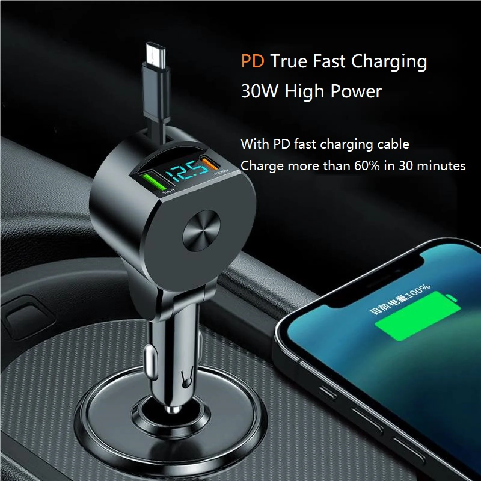 PD30W Retractable Car Charger 3 in 1 Fast Car Phone Charger USB C Car Charging Adapter for iPhone Huawei Xiaomi Samsung