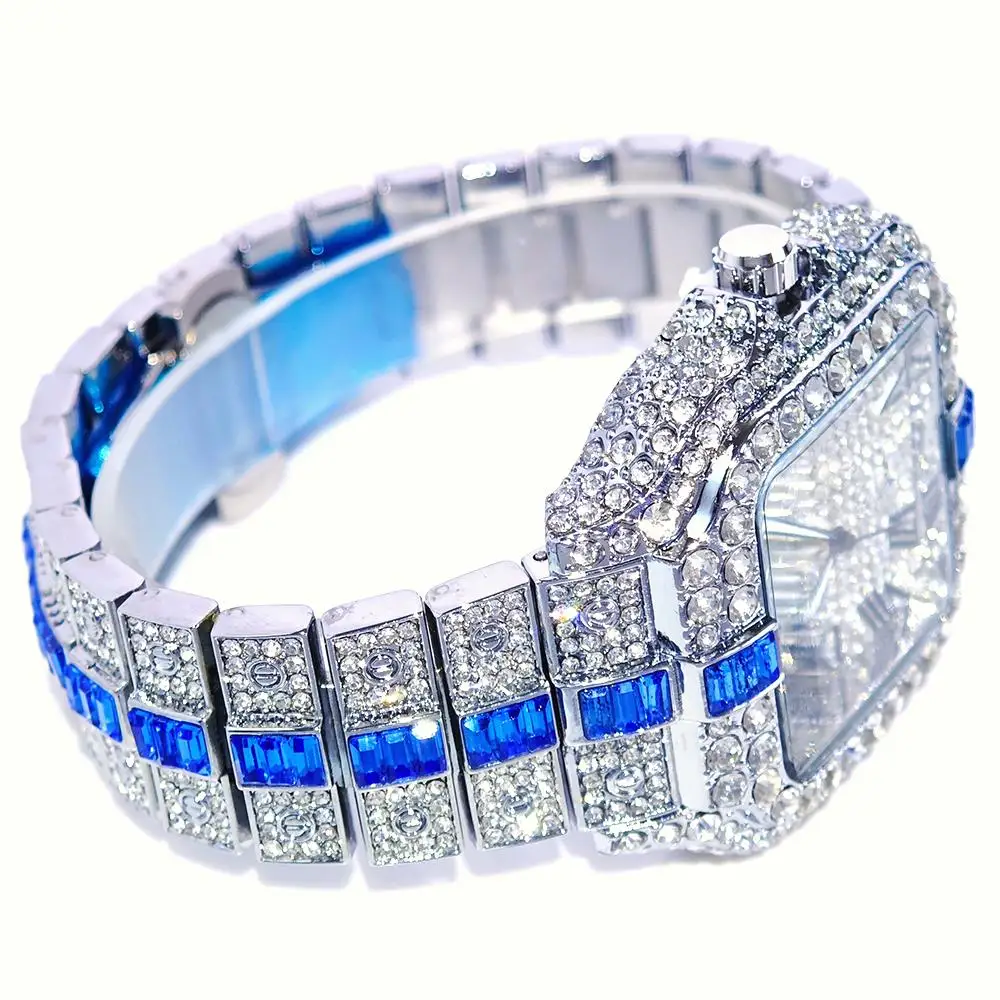 2025 ساعة مثلج فاخرة للرجال موضة الأزرق الماس كوارتز ساعة اليد مان الهيب هوب بلينغ بلينغ ساعات مجوهرات هدية Reloj Hombre