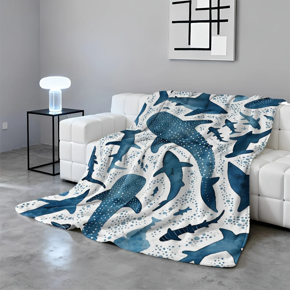 2D Flat Printing, 1pc Ocean-Themed Decorative Blanket/Throw, Featuring Watercolor Whale Shark And Various Sharks And Marine Life