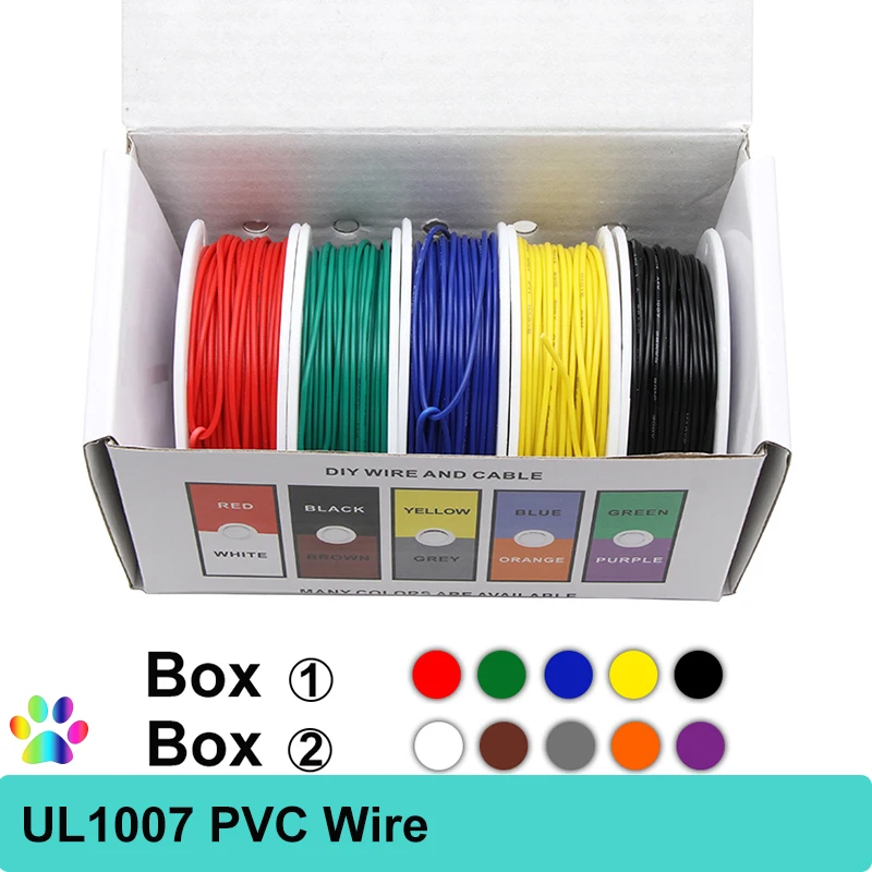 

Boxed UL1007 Wire PVC Insulation Tinned Copper Cable 30/28/26/24/22/20/18/16 AWG Stranded PCB Electrical Wire Line