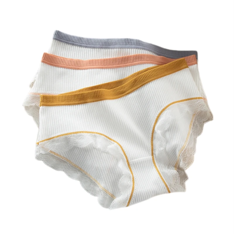 Comfortable Threaded Cotton Women's Panties with Lace Edge Contrasting Waistband Antibacterial Crotch Briefs