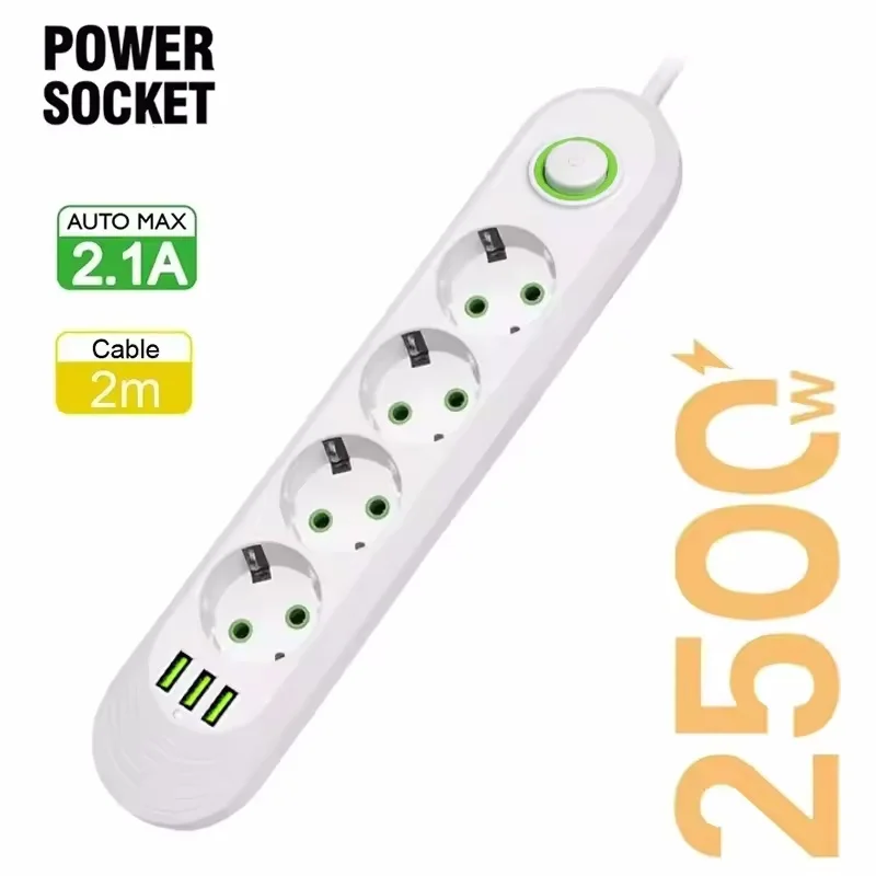 2 m Kabel, EU-Stecker, Steckdosenleiste mit 3 USB-Buchsen, Netzwerkfilter, runder Stift, AC-Steckdosenanschlüsse, Verlängerungskabel, elektrischer Ladeadapter
