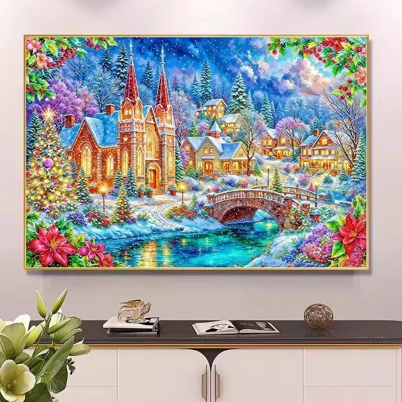 Oil Painting By Number Glowing Christmas Village Scenery Wall Decor for Game Room or Living Room Gift No Frame