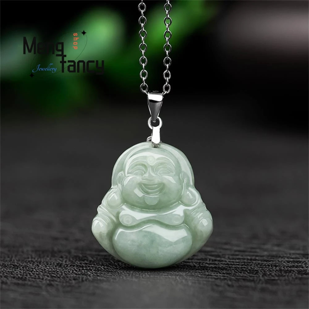 

Natural Myanmar A-goods Jadeite Light Green Smiling Buddha Ice Jade Pendant S925 Silver Necklace Best Selling Fashion Jewelry