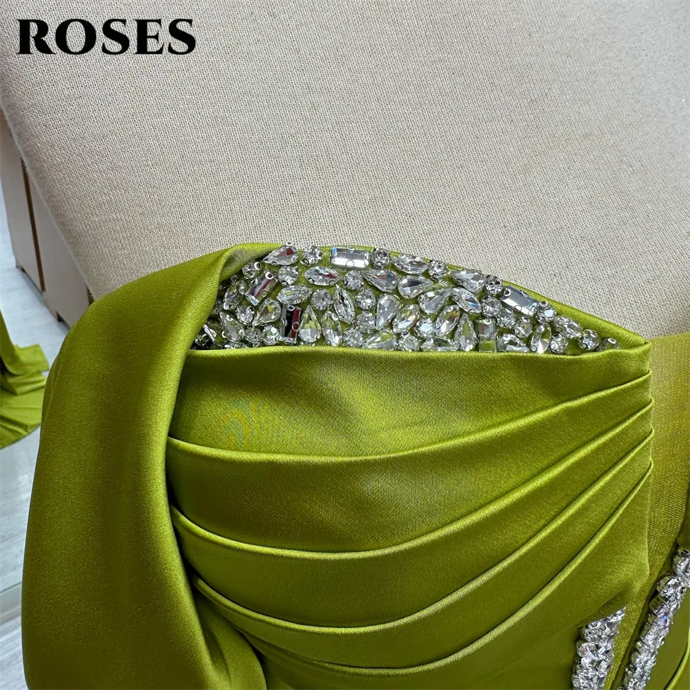 ROSES Olive Green Prom Dress Chic Off The Shoulder Evening Dress Sexy Mermaid Satin Party Dress With Pleats Crystal فستان سهرة