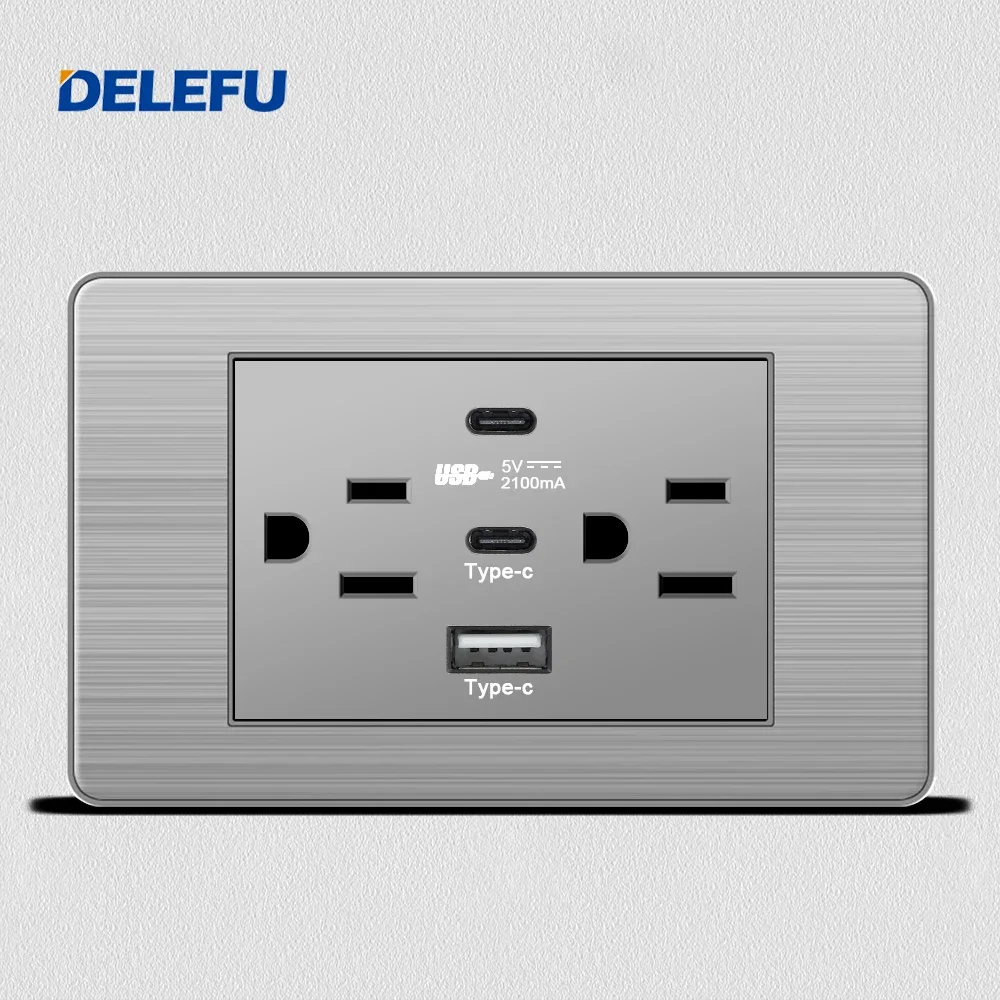 DELEFU Grey Stainless Steel Panel Mexico Standard Type C America Outlet Plug 118*72mm Wall Power Socket Light Switch