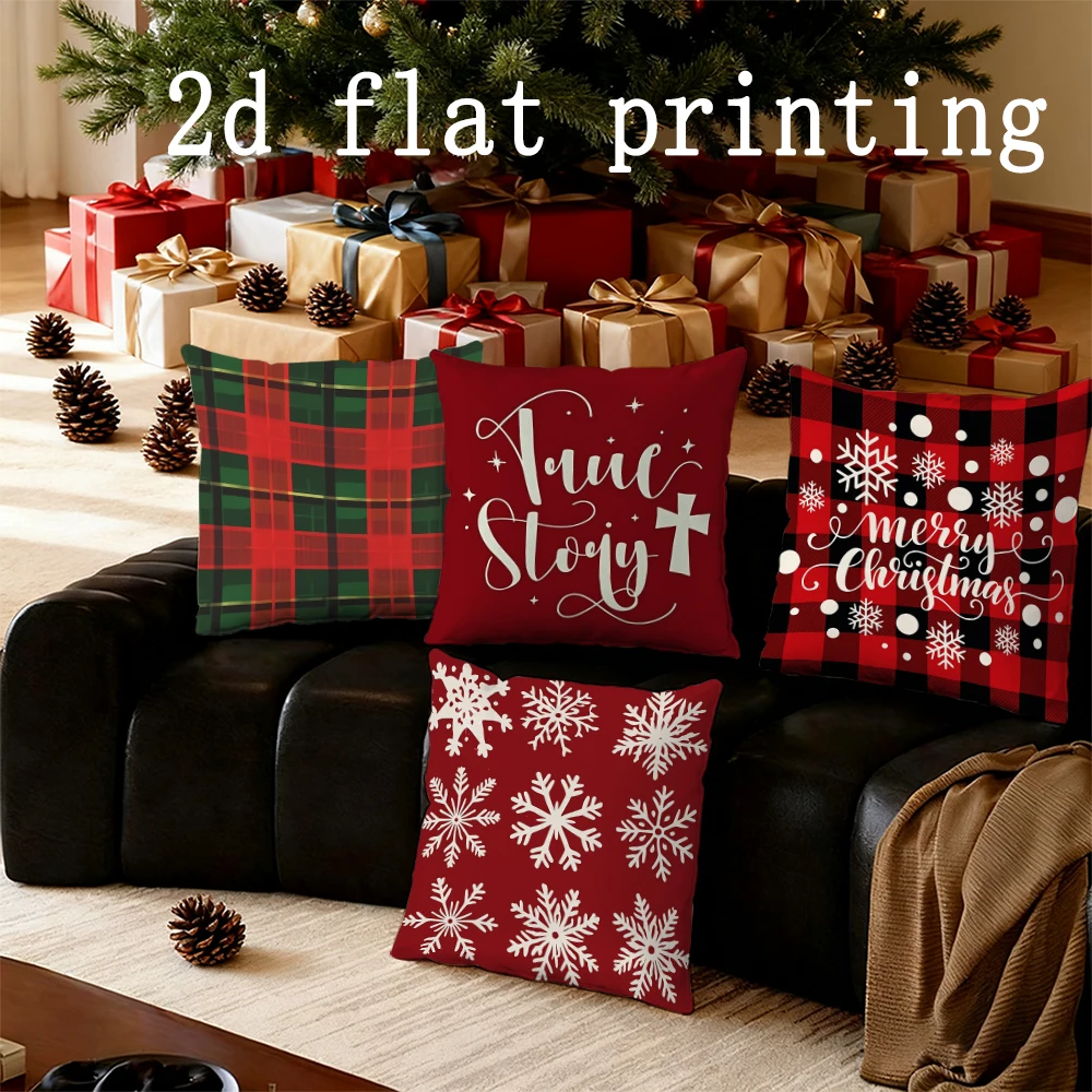 Home Decor Christmas-themed Pillowcases with Plaid & Snowflakes Pattern Cushion Cover Suitable for Sofa Bedroom Car Pillow Cover
