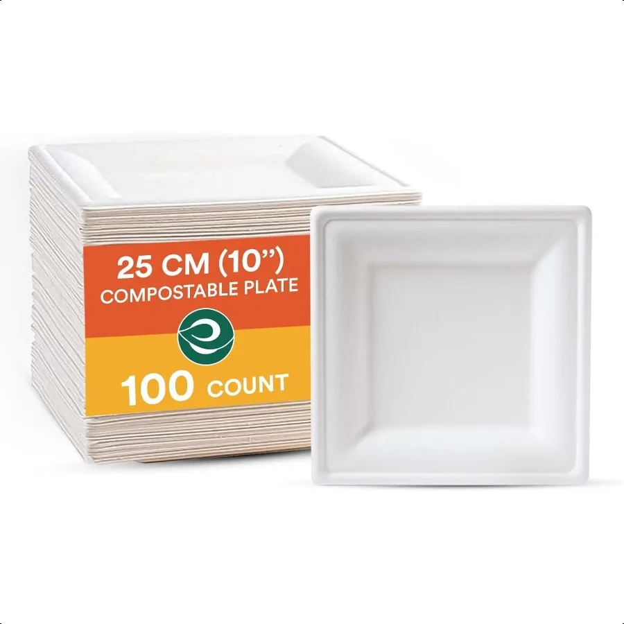 

10Inch Pearl White Square Paper Plates [100Pack] Premium Elegant HeavyDuty MicrowaveSafe Compostable Biodegradable plate for Ev