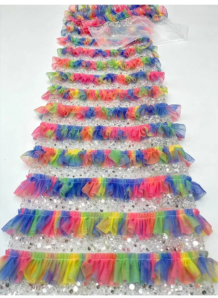 

1yard Exquisite bead pleated floral print sequin embroidery tissu new gauze fabric for clothing wedding Dress fabric