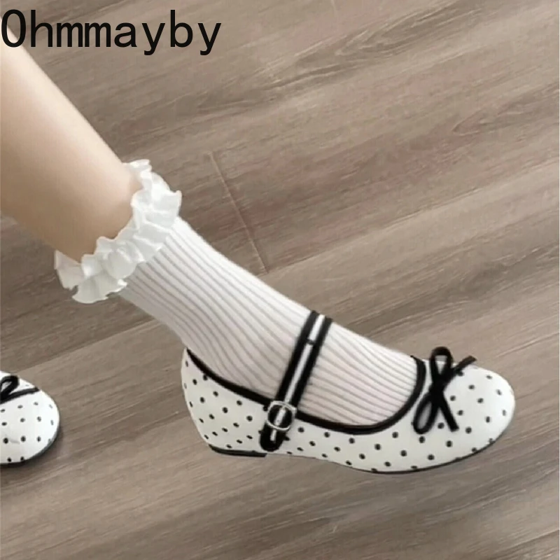 

2026 Spring Internal Elevation Polka Dot Women Mary Jane Shoes Shallow Buckle Strap Shoes Ladies Comfort Round Toe Dress Pumps