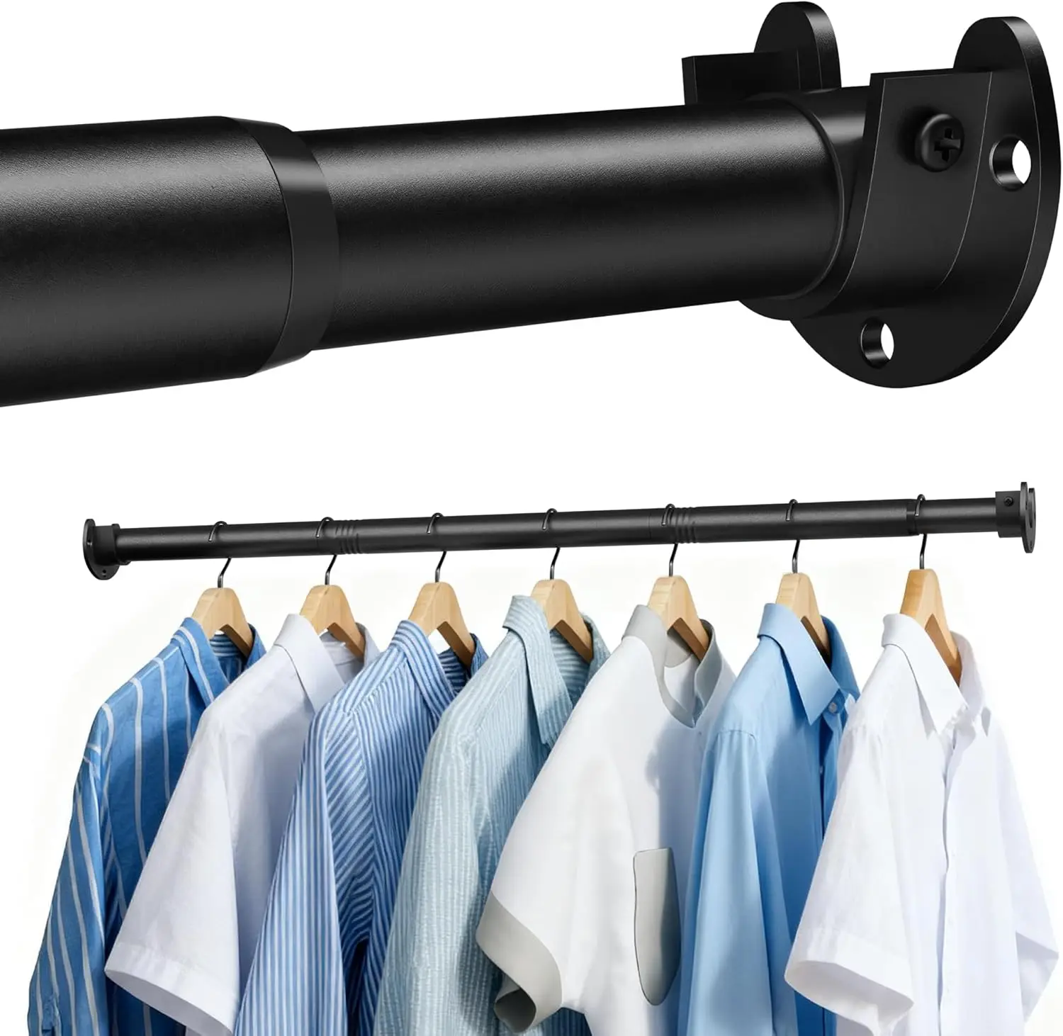 

Регулируемая штанга для шкафа, нагрузка до 30 кг, подходит для пространств 43-213 см, прочная металлическая, для подвешивания одежды, матовый черный цвет