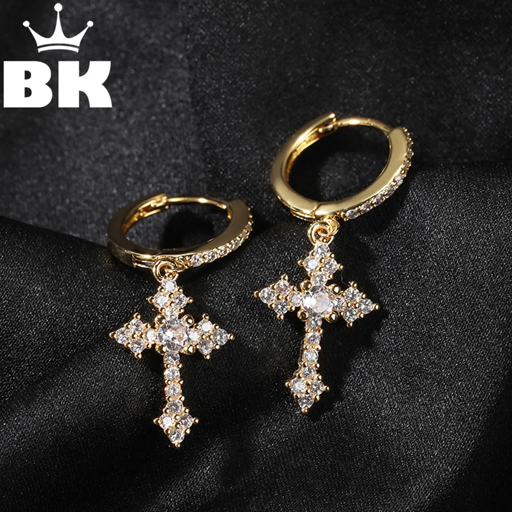 THE BLING KING Cross Hoop Earring For Women Men 1Pair Cubic Zirconia Religious Charm Dangle Hoop Earrings Wedding Jewelry Gift