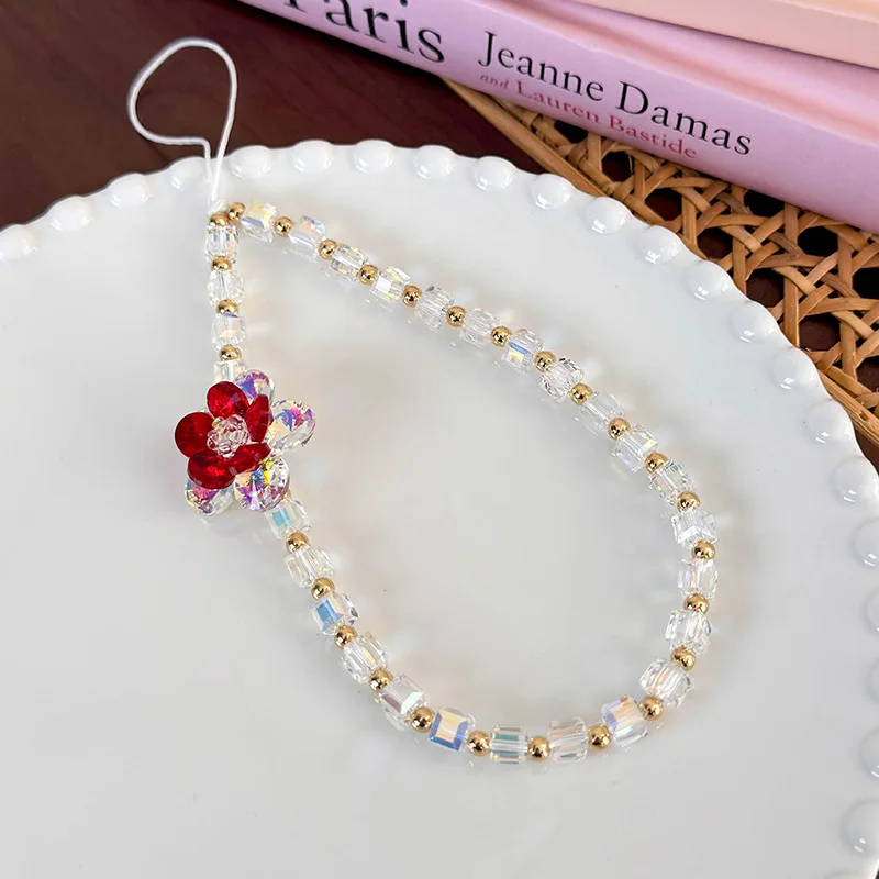 Glossy Square Glass Bead Phone Lanyard Contrast Flower DIY Anti Loss Wrist Strap Everyday Use Universal Standard Size