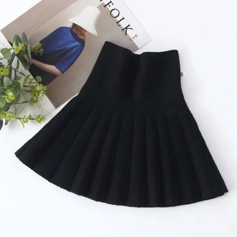 Kids Girls Knitted Skirts Cotton High Waist Skirts Children Autumn Winter Pleated Skirts Korean Style Black Gray Red Skirt