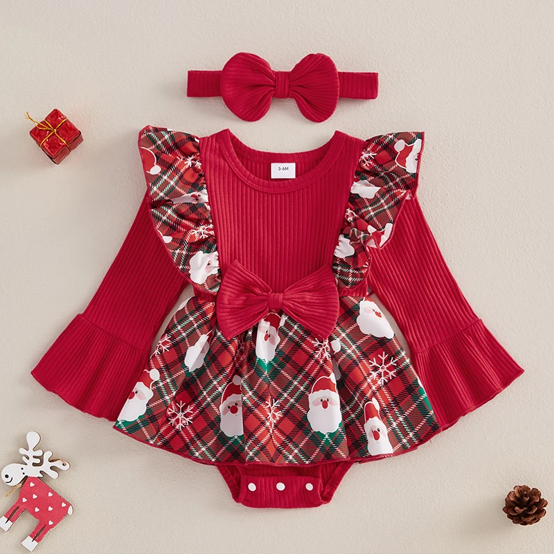 Baby Girl Christmas Outfit Santa Claus Print Plaid Ruffle Long Sleeve Romper Dress Bow Headband 2 Piece Set