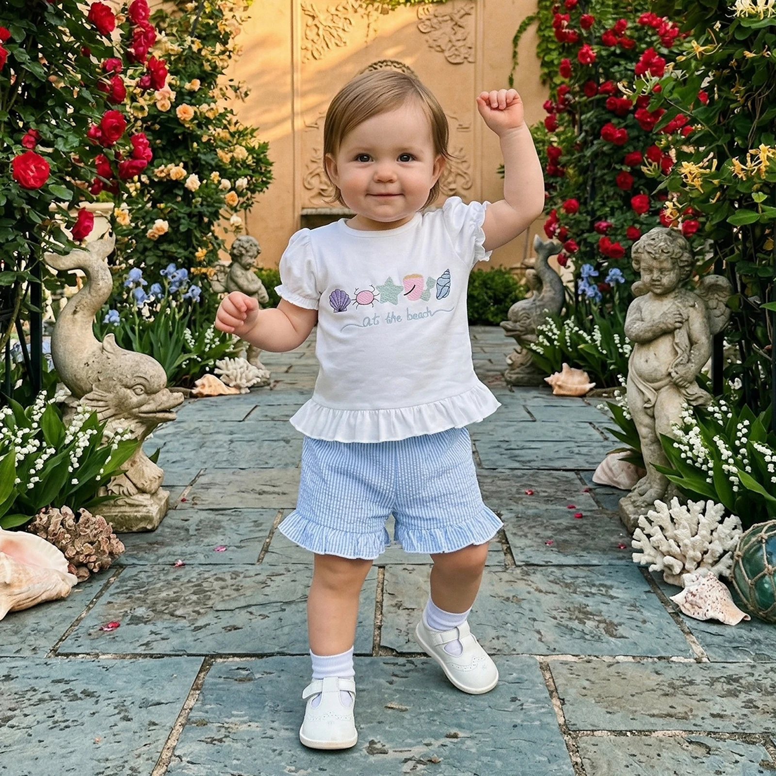 1-4Y Toddler Girl Summer Outfits Letter Crab Starfish Shell Embroidery Short Sleeve Tops Elastic Waist Shorts 2Pcs Clothes Set