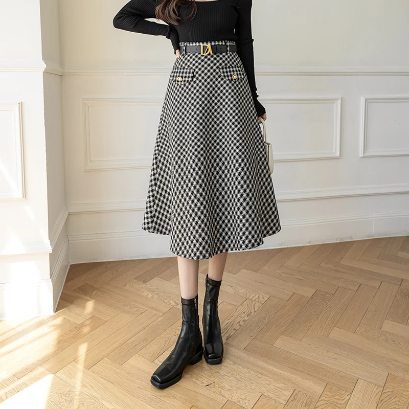 Ladies Elegant Fashion Large Hem Woolen Cloth Long Plaid Skirt Women Clothes Girls Skirts Chic Casual Faldas Largas BPAN5035-1
