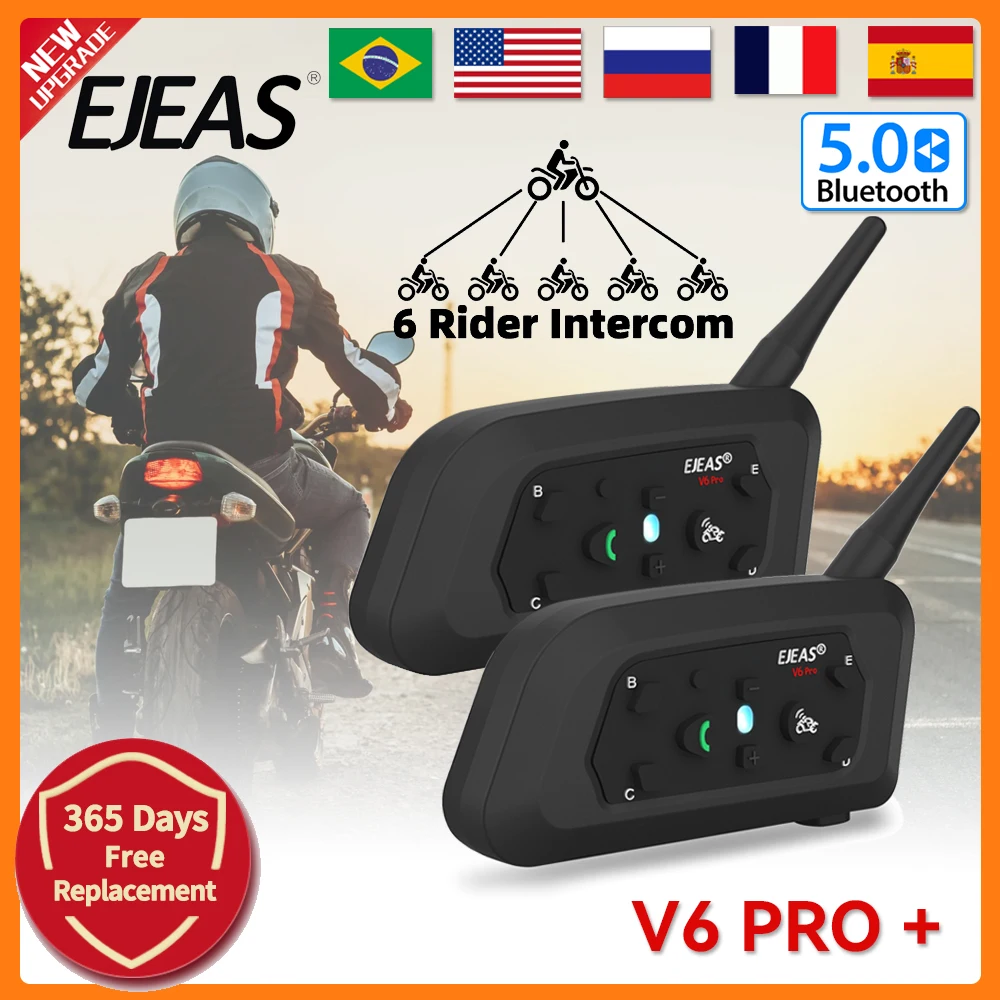 EJEAS V6 PRO+ Bluetooth Motorcycle Helmet Intercom Headset with 1200M BT Interphone Communicator for 6 Riders Waterproof