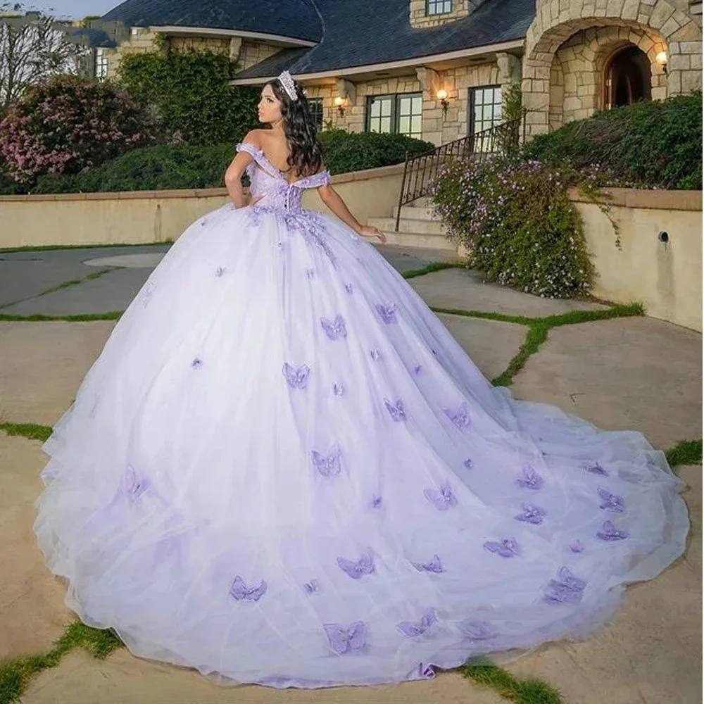 Boho 3d Schmetterling Quince anera Kleider von der Schulter Applikationen fegen Tüll Ballkleid ärmellose Vestidos de 15 Quinceañera