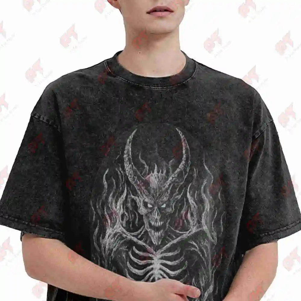 Demon Skeleton Hell Flames Goth Emo Alt Horror Dark Art Vintage Washed Tee Pure Cotton T-Shirt