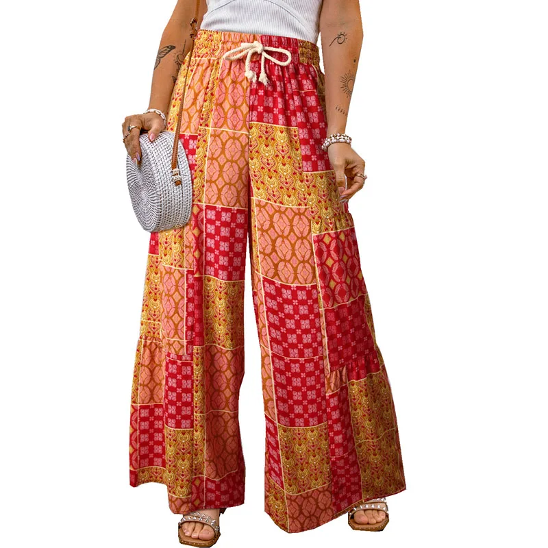 Damen-Hose mit Blumendruck – 2025, neue Hose mit hoher Taille, lockere Passform und weitem Bein, lässige Palazzo-Hose mit Farbblockmuster für Frühling und Sommer