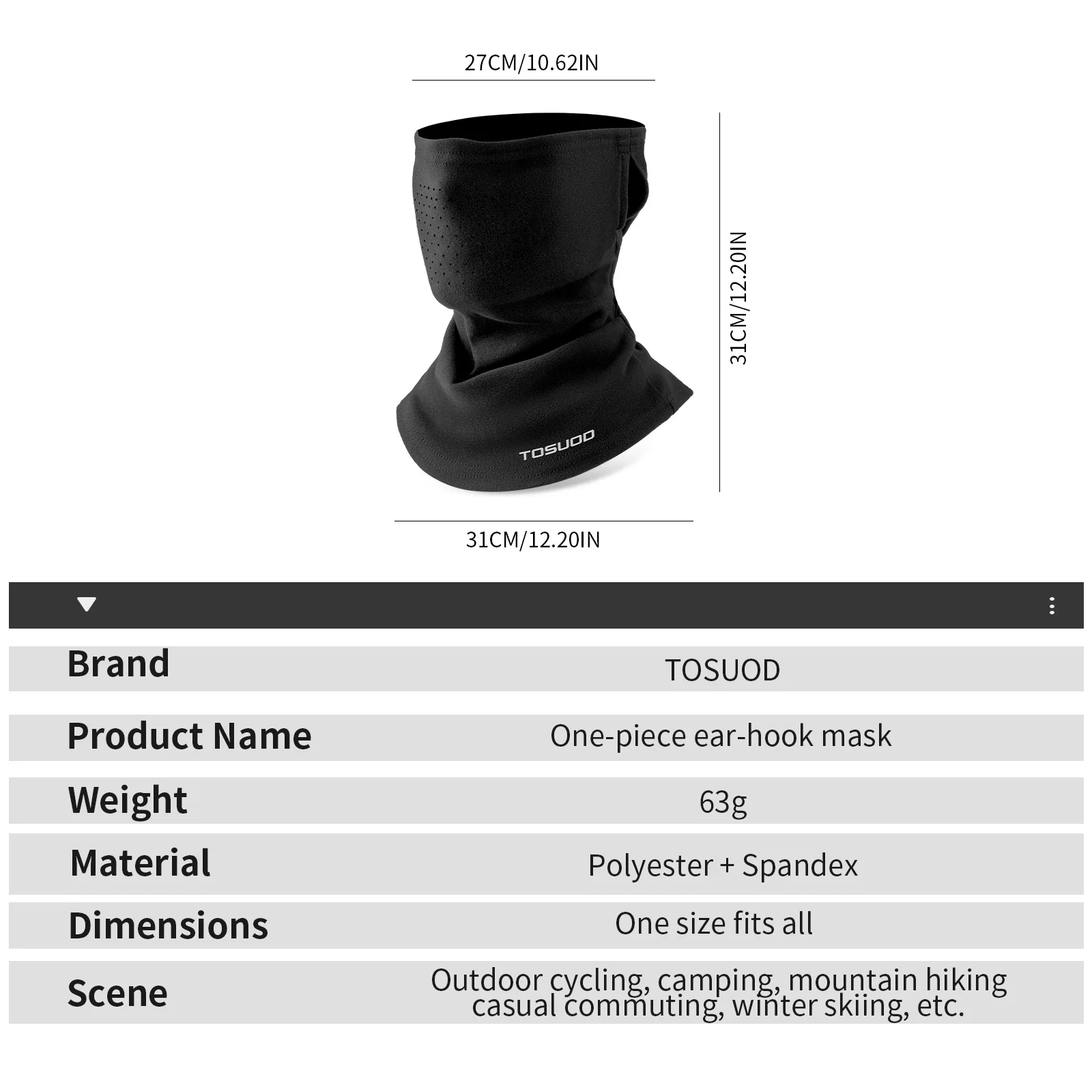 TOSUOD Winter-Gesichtsmaske, kältebeständig, warm, winddicht, schweißlösend, Skifahren, Kopfbedeckung, Radfahren, Skaten, Motorrad-Gesichtsmaske – Detail 1