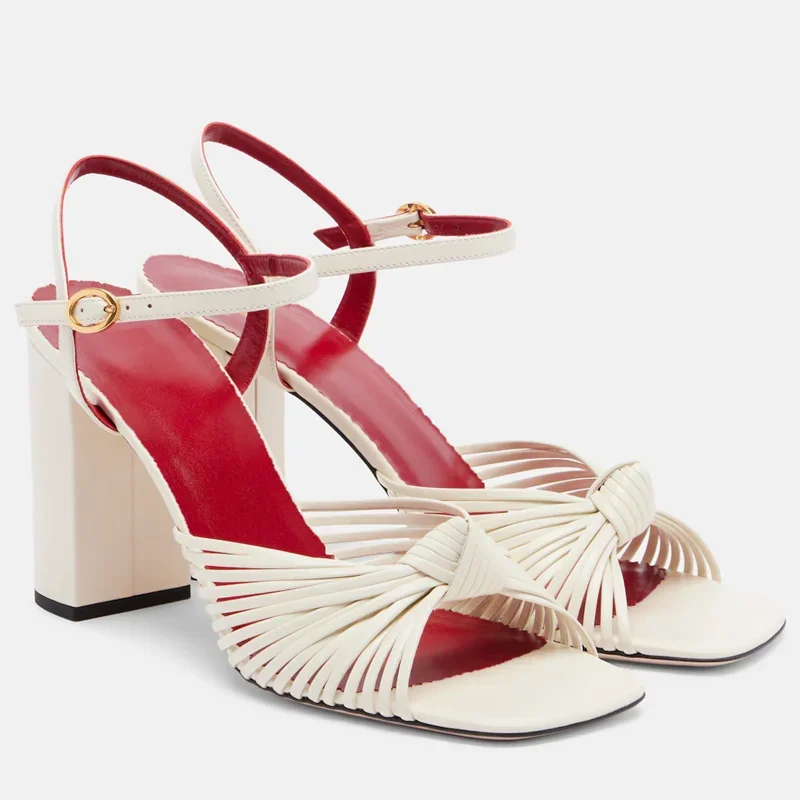 Gold Narrow Band Leather Sandals Sexy Square Toe Squar Heel Shingback Accept Customized New Arrivals Fashion Women Modern Shoes image 4