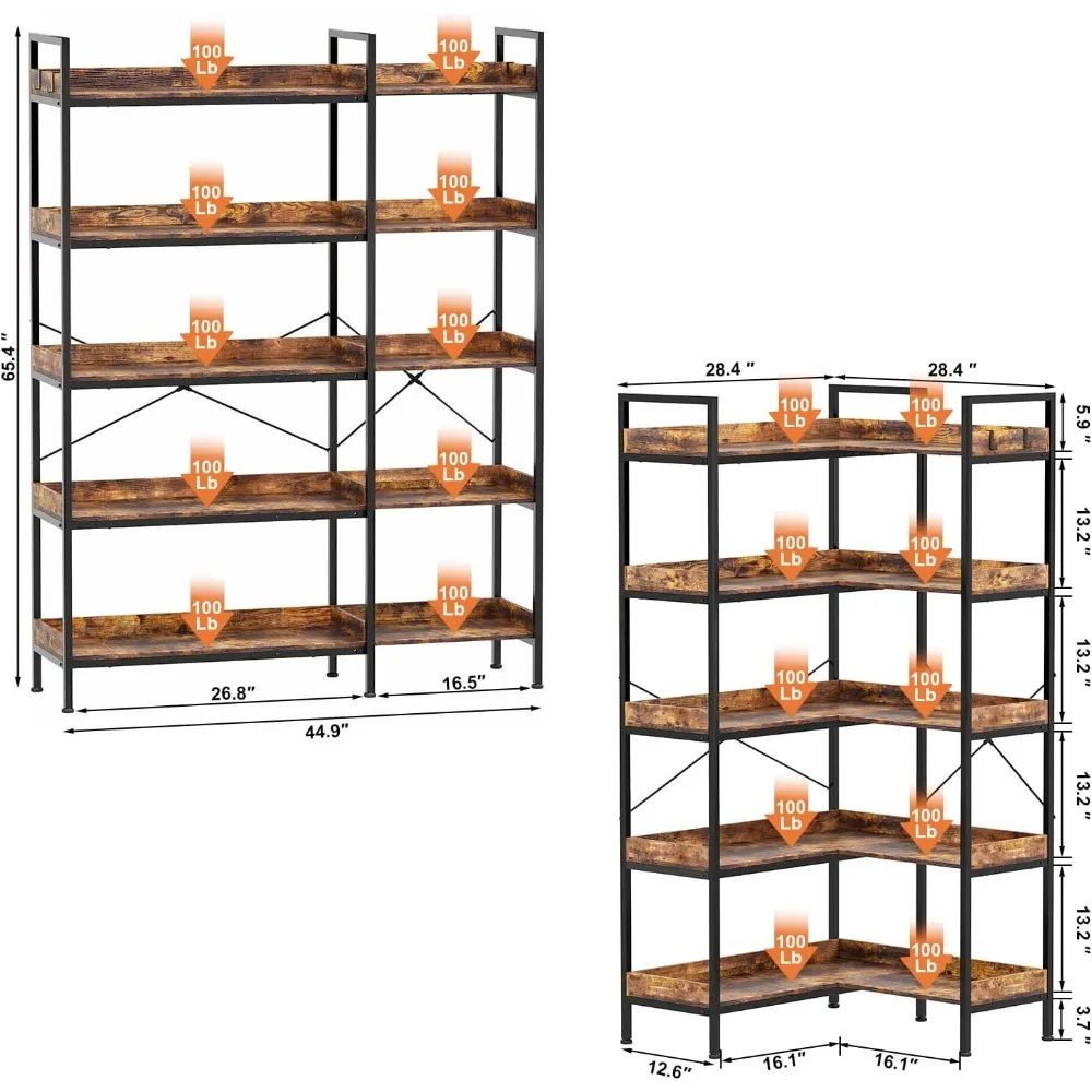 Estante de 5 camadas, estante de canto reversível em forma de L, estante industrial aberta de 65" com estrutura de metal e 4 ganchos