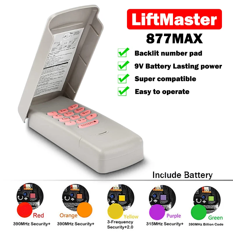 

LiftMaster 877MAX Парольный открыватель двери Беспроводная клавиатура Пульт дистанционного управления для LiftMaster 973LM 976LM 977LM 373LM 376LM 377LM 878MAX
