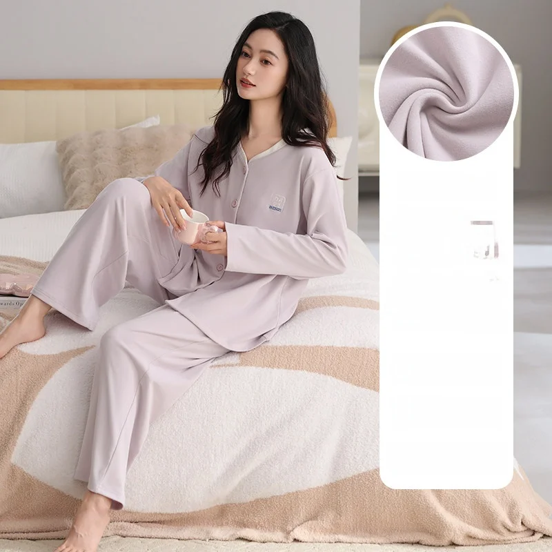Thick Long Sleeve Sleepwear Women's Winter Warm Home Clothes Set V-Neck Button Design Soft German Velvet Outerwear Suitable