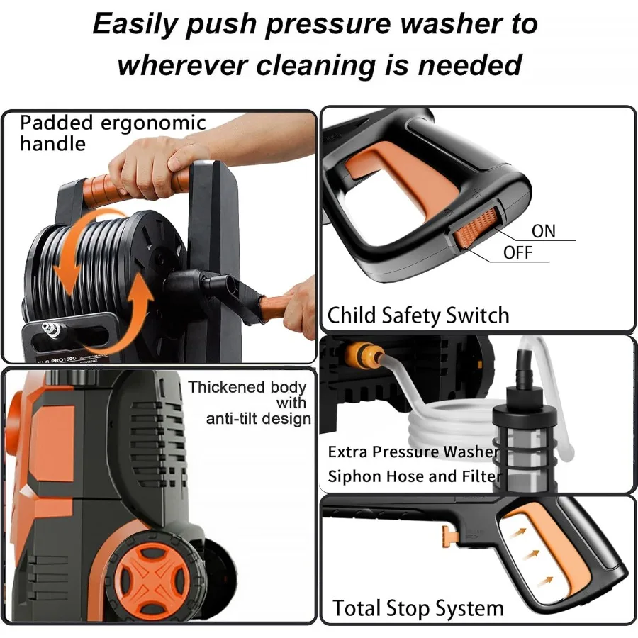 2025 Verbeterde hogedrukreiniger 5000PSI met adj-8-niveau touchscreen 34 hoge hogedrukreiniger 4 snelkoppelingsproeiers InlaatslangFilte