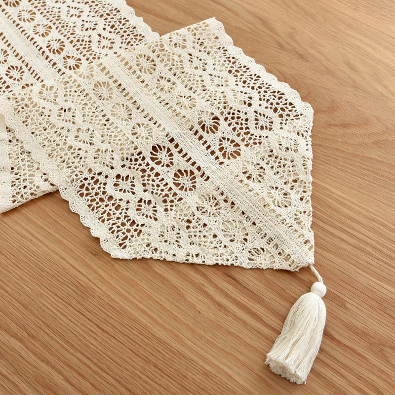 Table Runner Beige Christmas Crochet Lace Cotton Blended Fabric with Tassel For Coffee Table Decor Wedding Decoration