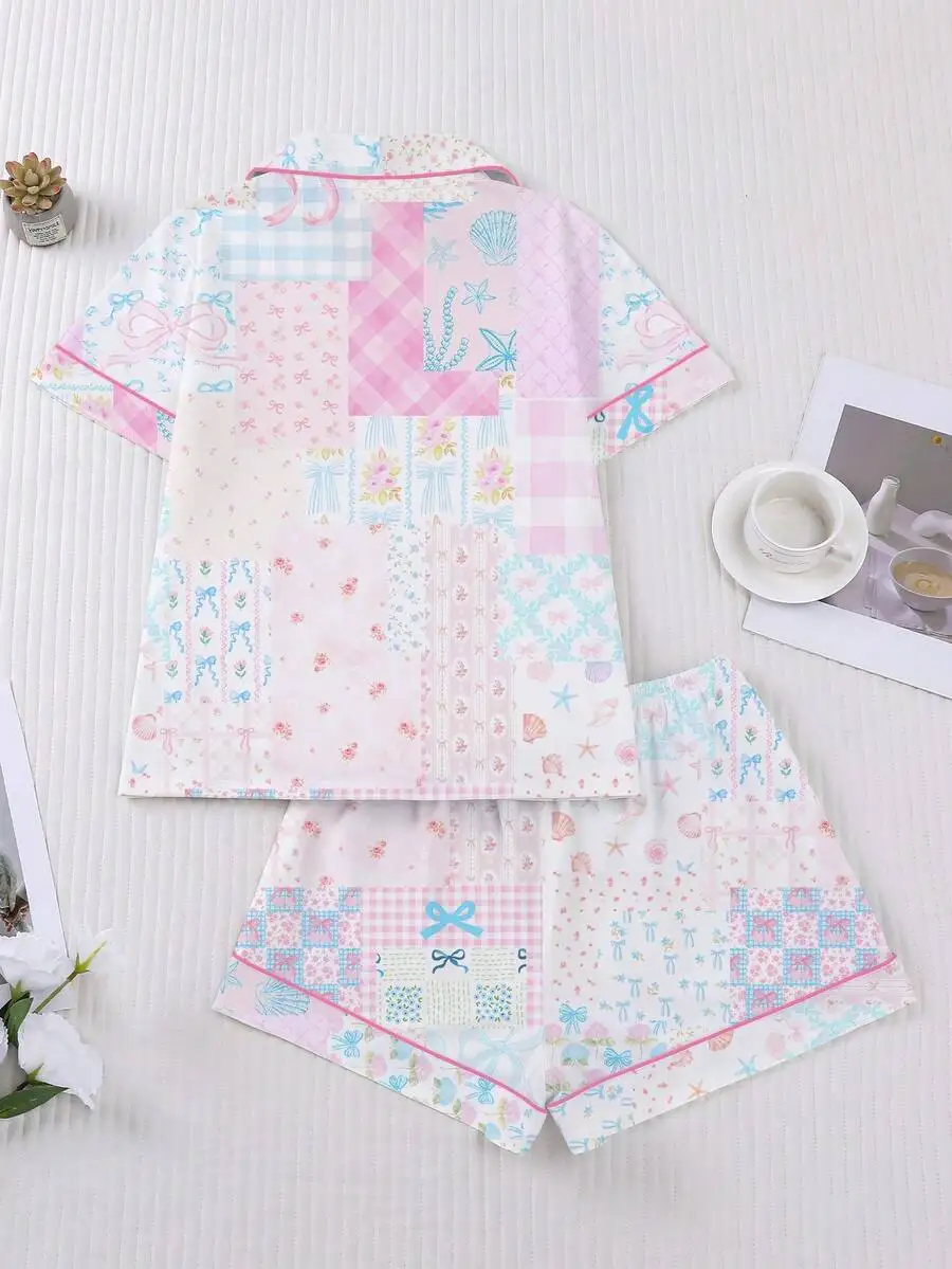 

Womens Floral Plaid Print Pajama Set Short Sleeve Top Elastic Waist Shorts Loungewear Sleepwear