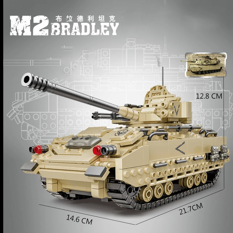 Military M2 Bradley M4 Sherman M1A2 Abrams US Tank Building Blocks Bricks Model WW2 Army Soldier Weapon Children Toys for Boys