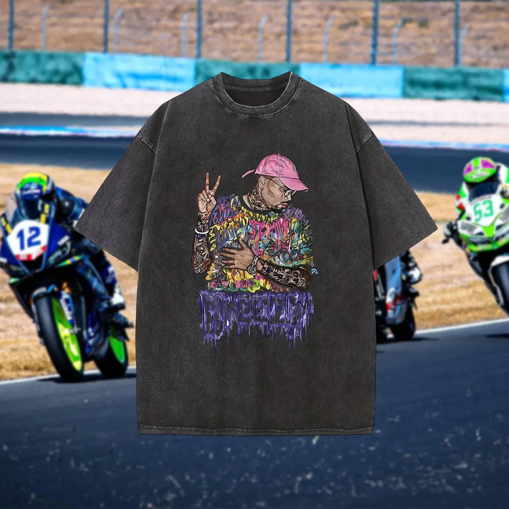 

Men's Breathable Sweat-Absorbent Washed Cotton T - Shirt 100% Pure Cotton New Motorcycle Print Stylish Casual