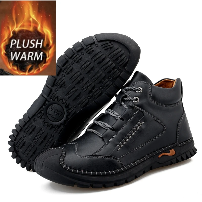 plus Size High Top Fleece Lined Retro-Style Warm Men's Fashionable Boots  Thick and flannel men's shoes