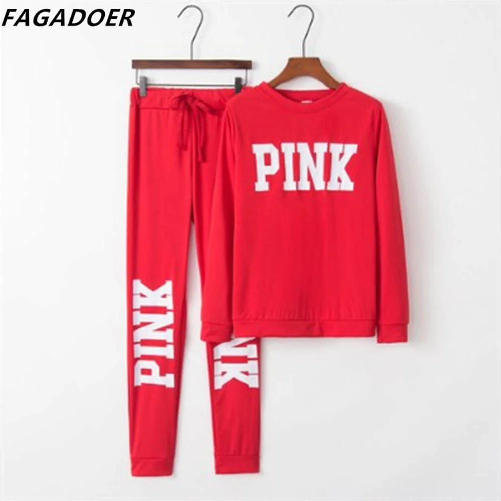 FAGADOER Casual rosa lettera stampa Top e pantaloni due pezzi set autunno inverno O collo manica lunga abiti coordinati Streetwear femminile