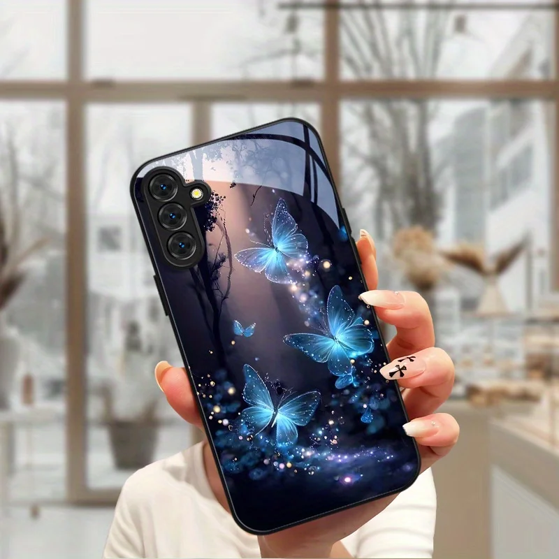 Blue shiny butterfly pattern glass phone case suitable for Samsung Galaxy S26 S25 S24 S23 S22 S21 S20 FE/Ultra/Plus hard case