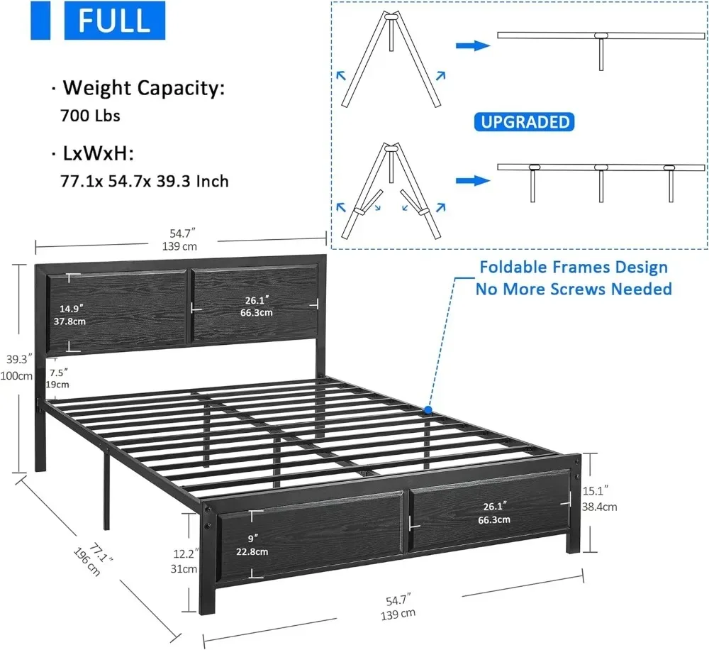 Full Size Platform Bed Frame with Black Wood Headboard, Mattress Foundation, Strong Metal Slats Support, No Box Spring Needed